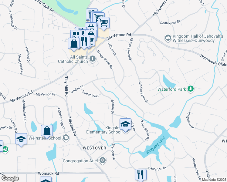 map of restaurants, bars, coffee shops, grocery stores, and more near 2162 Saffron Court in Dunwoody