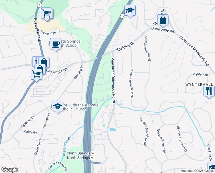 map of restaurants, bars, coffee shops, grocery stores, and more near 5 Westfair Court Northeast in Atlanta