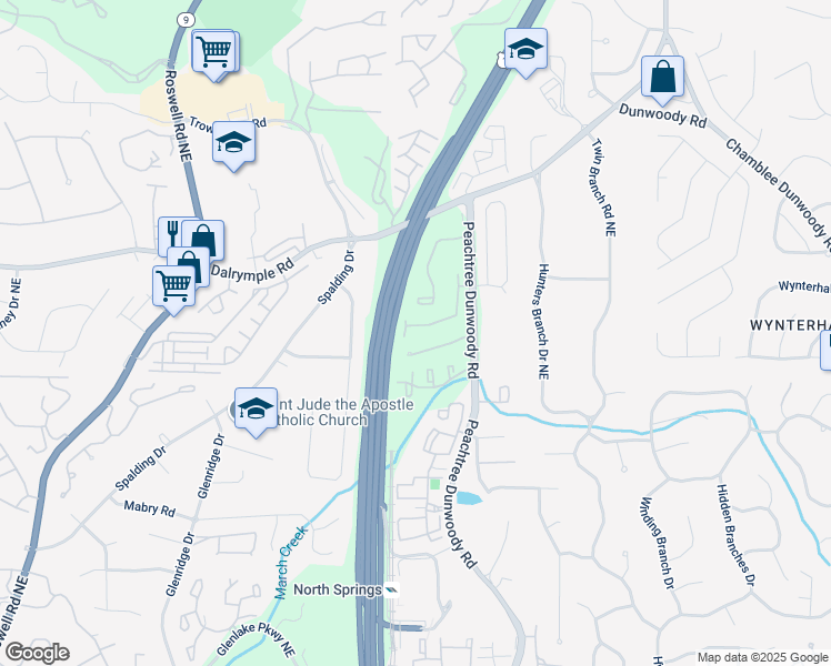 map of restaurants, bars, coffee shops, grocery stores, and more near 7253 Village Creek Trace in Atlanta