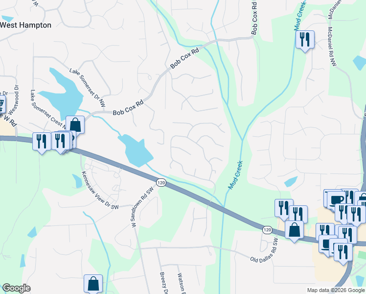 map of restaurants, bars, coffee shops, grocery stores, and more near 3037 Tottenham Lane Southwest in Marietta