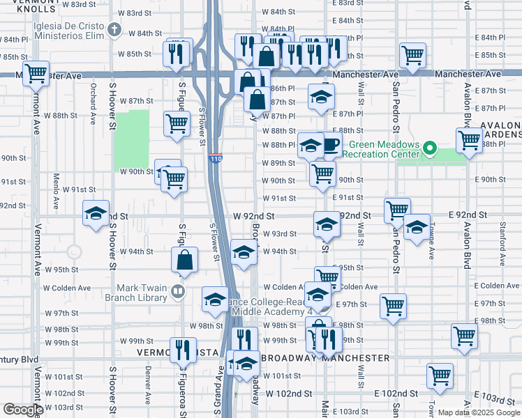map of restaurants, bars, coffee shops, grocery stores, and more near 9118 South Broadway in Los Angeles
