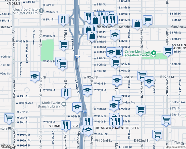 map of restaurants, bars, coffee shops, grocery stores, and more near 9204 South Broadway in Los Angeles