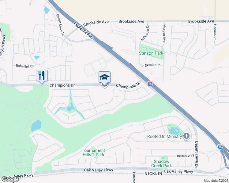 map of restaurants, bars, coffee shops, grocery stores, and more near 36877 Meadow Brook Way in Beaumont