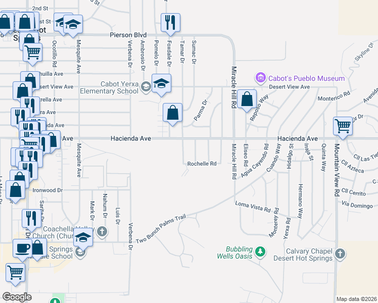 map of restaurants, bars, coffee shops, grocery stores, and more near 67295 Hacienda Avenue in Desert Hot Springs