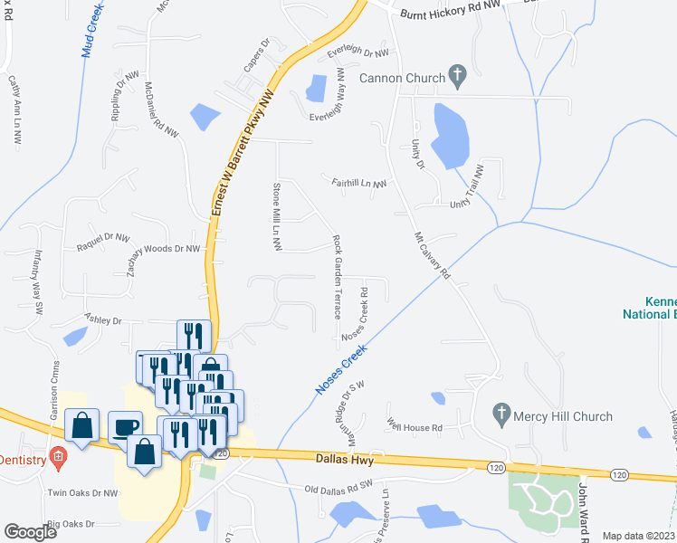 map of restaurants, bars, coffee shops, grocery stores, and more near Rock Garden Terrace in Marietta