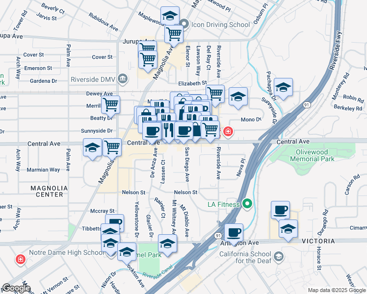 map of restaurants, bars, coffee shops, grocery stores, and more near 3610 Central Avenue in Riverside