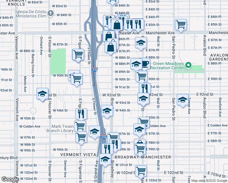 map of restaurants, bars, coffee shops, grocery stores, and more near 9118 South Broadway in Los Angeles