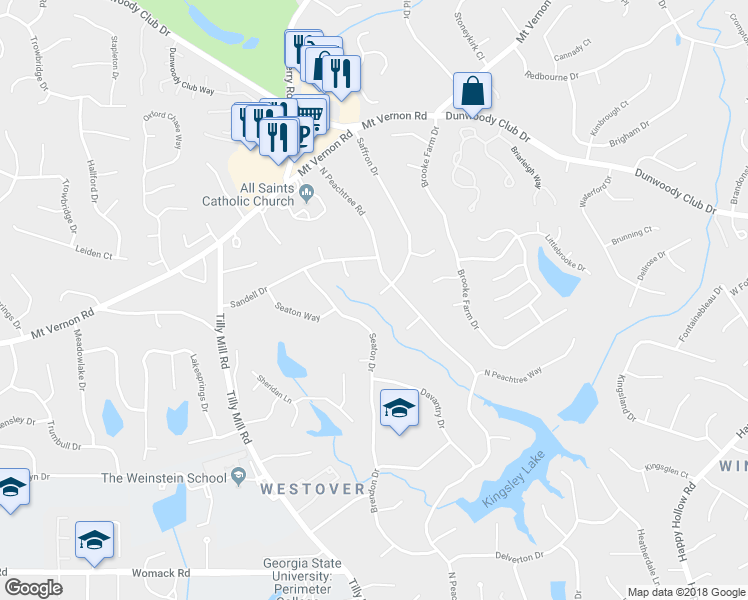 map of restaurants, bars, coffee shops, grocery stores, and more near 2162 Saffron Court in Dunwoody