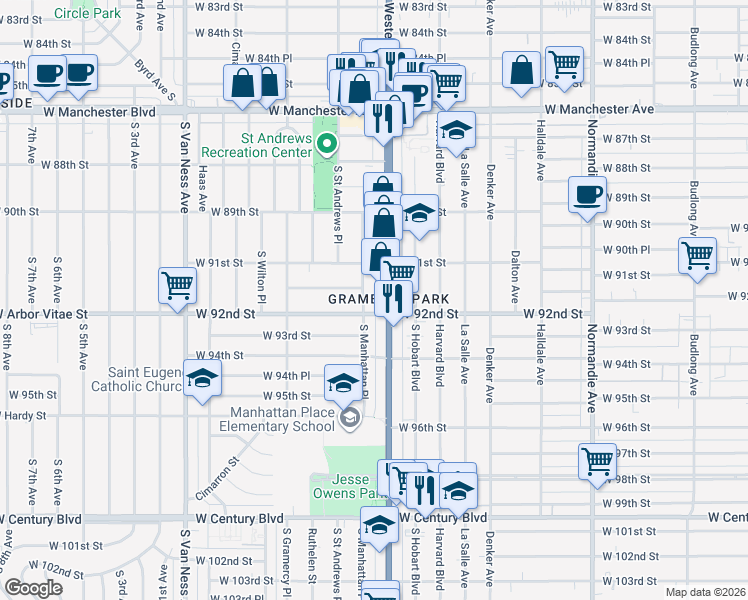 map of restaurants, bars, coffee shops, grocery stores, and more near 9148 South Manhattan Place in Los Angeles