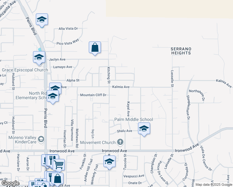 map of restaurants, bars, coffee shops, grocery stores, and more near Kitching Street in Moreno Valley