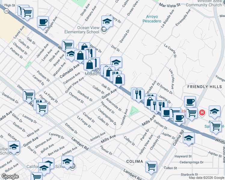 map of restaurants, bars, coffee shops, grocery stores, and more near 14465 Oak Street in Whittier
