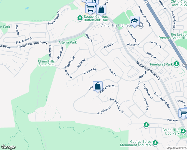 map of restaurants, bars, coffee shops, grocery stores, and more near 16507 Celadon Court in Chino Hills