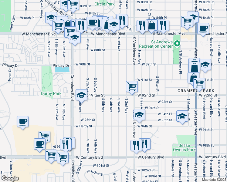 map of restaurants, bars, coffee shops, grocery stores, and more near 9300 South 3rd Avenue in Inglewood
