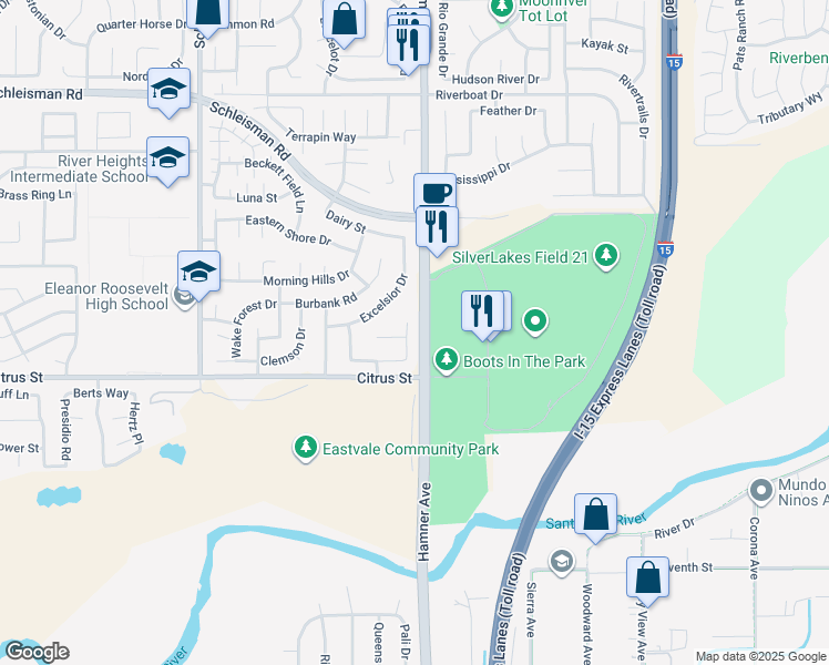 map of restaurants, bars, coffee shops, grocery stores, and more near 7438 Shady Tree Street in Corona