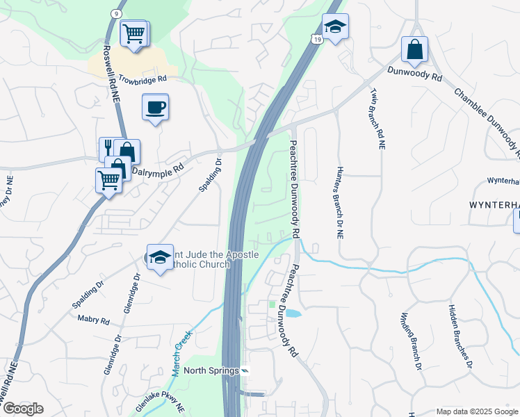 map of restaurants, bars, coffee shops, grocery stores, and more near 7253 Village Creek Trace in Atlanta