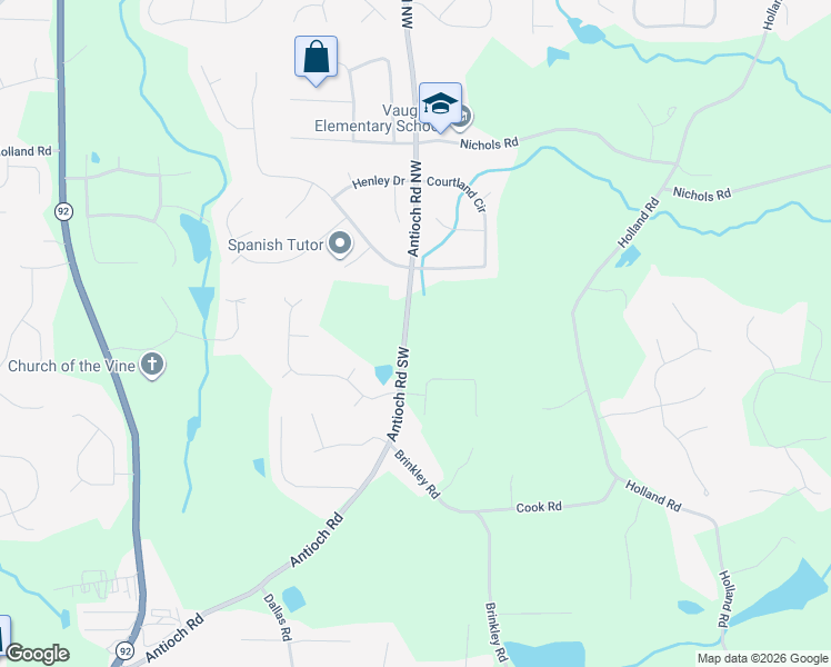 map of restaurants, bars, coffee shops, grocery stores, and more near 80 Antioch Road in Powder Springs