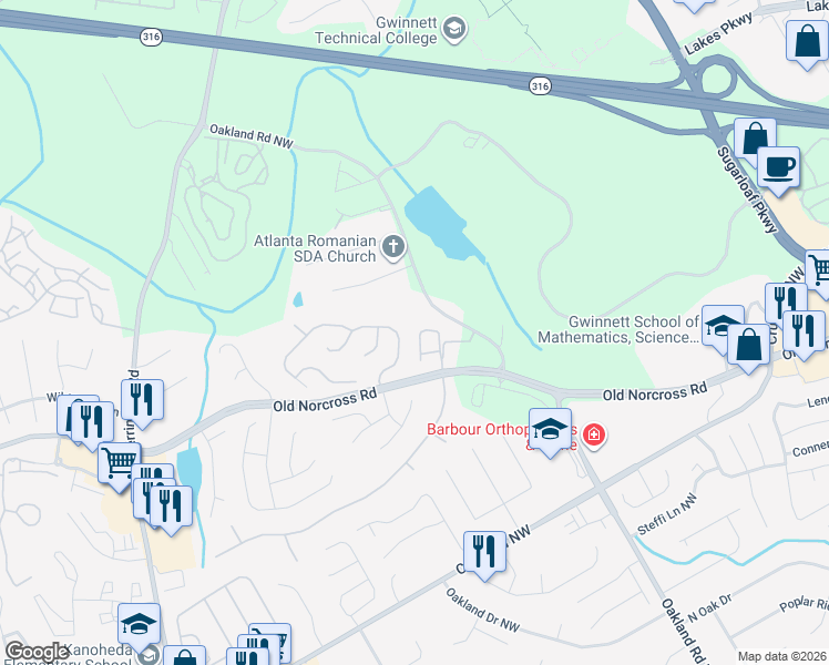 map of restaurants, bars, coffee shops, grocery stores, and more near 2158 Waterford Park Drive in Lawrenceville