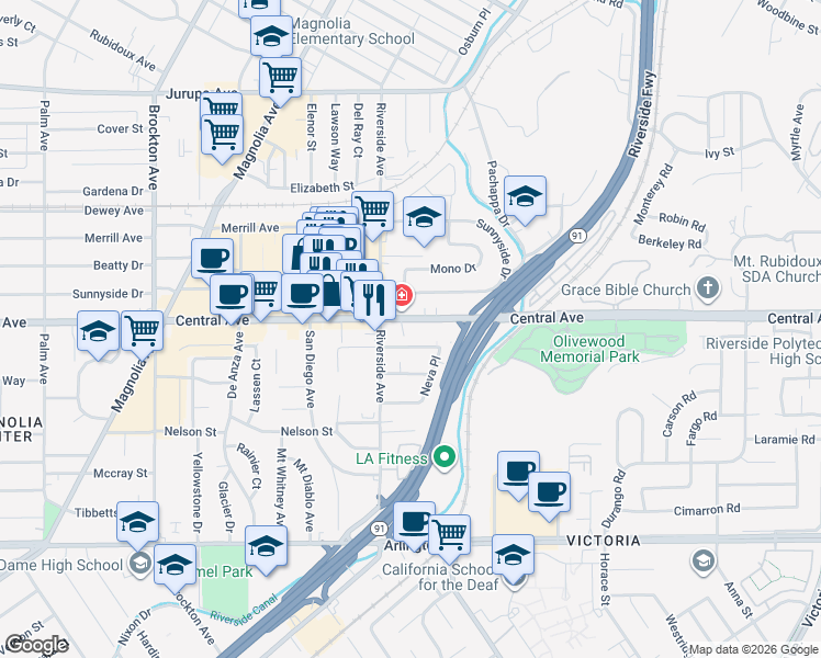 map of restaurants, bars, coffee shops, grocery stores, and more near 3484 Central Avenue in Riverside