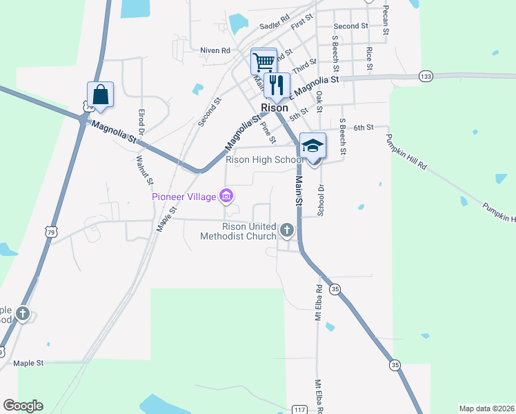 map of restaurants, bars, coffee shops, grocery stores, and more near 92 Moore Circle in Rison