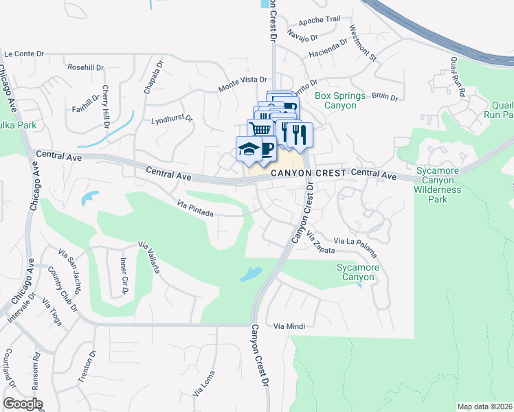 map of restaurants, bars, coffee shops, grocery stores, and more near 990 Central Avenue in Riverside