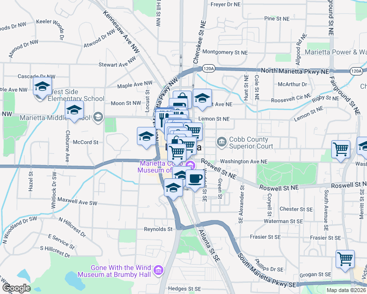 map of restaurants, bars, coffee shops, grocery stores, and more near in Marietta