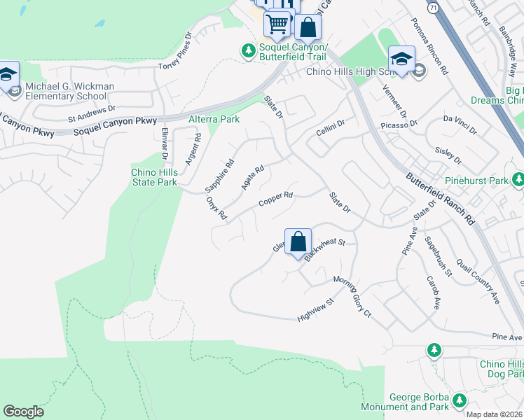 map of restaurants, bars, coffee shops, grocery stores, and more near 5048 Copper Road in Chino Hills