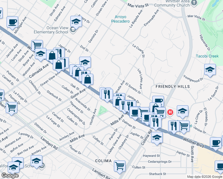 map of restaurants, bars, coffee shops, grocery stores, and more near 8795 Via Linda Avenue in Whittier