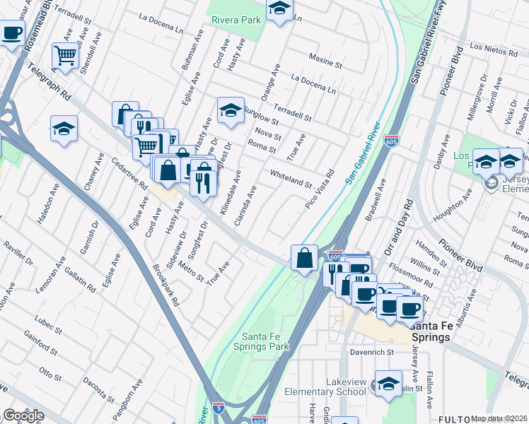 map of restaurants, bars, coffee shops, grocery stores, and more near 8810 True Avenue in Pico Rivera