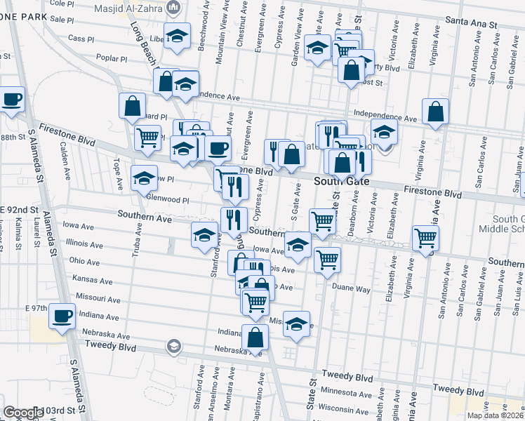 map of restaurants, bars, coffee shops, grocery stores, and more near 8941 Garden View Avenue in South Gate