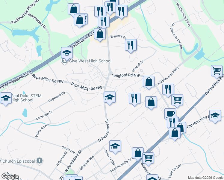 map of restaurants, bars, coffee shops, grocery stores, and more near 1107 Carroll Court Northwest in Norcross