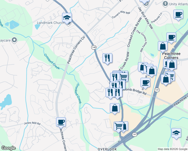 map of restaurants, bars, coffee shops, grocery stores, and more near 6329 Holcomb Way in Norcross