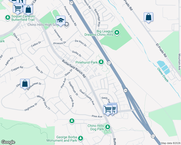 map of restaurants, bars, coffee shops, grocery stores, and more near 5685 Park Drive in Chino Hills