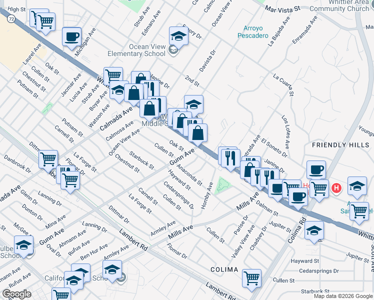 map of restaurants, bars, coffee shops, grocery stores, and more near 14465 Oak Street in Whittier