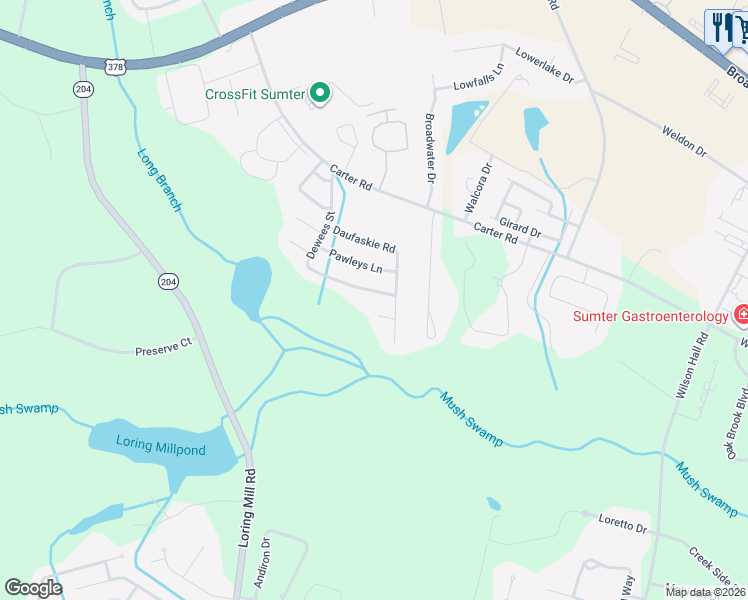 map of restaurants, bars, coffee shops, grocery stores, and more near 3106 Pawleys Lane in Sumter