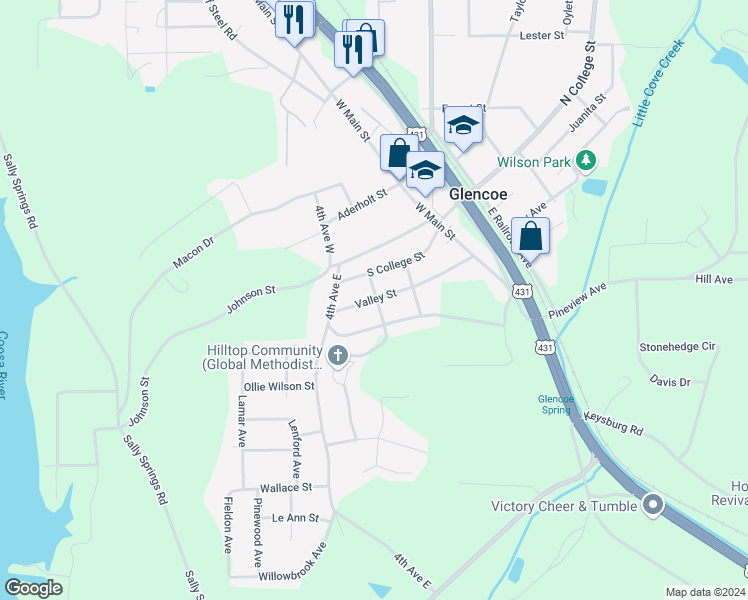 map of restaurants, bars, coffee shops, grocery stores, and more near 306 Valley Street in Gadsden