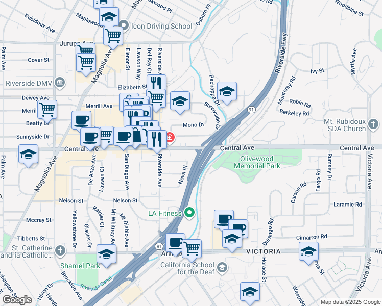map of restaurants, bars, coffee shops, grocery stores, and more near 3455 Central Avenue in Riverside