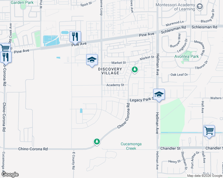 map of restaurants, bars, coffee shops, grocery stores, and more near 8551 Hereford Drive in Chino
