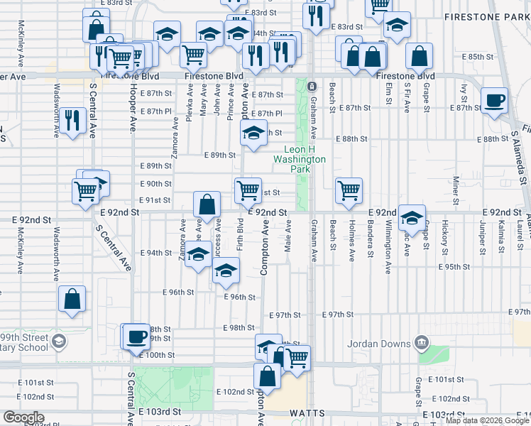 map of restaurants, bars, coffee shops, grocery stores, and more near Compton Ave & E 92nd St in Los Angeles
