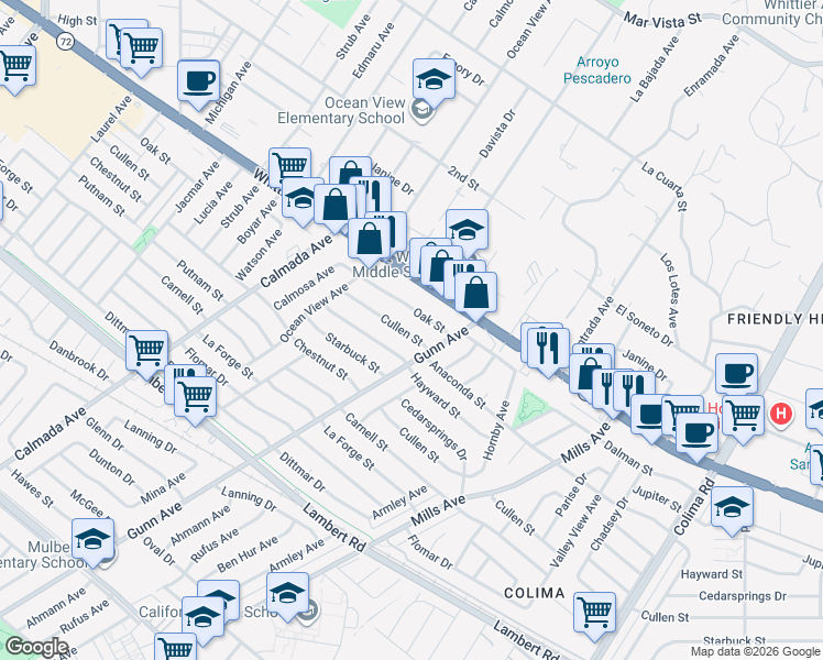 map of restaurants, bars, coffee shops, grocery stores, and more near 14369 Cullen Street in Whittier