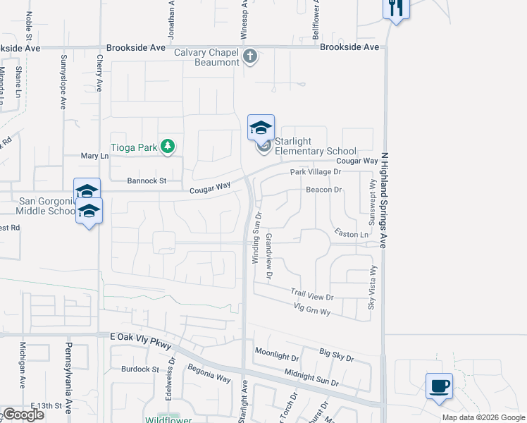 map of restaurants, bars, coffee shops, grocery stores, and more near 1576 Winding Sun Drive in Beaumont