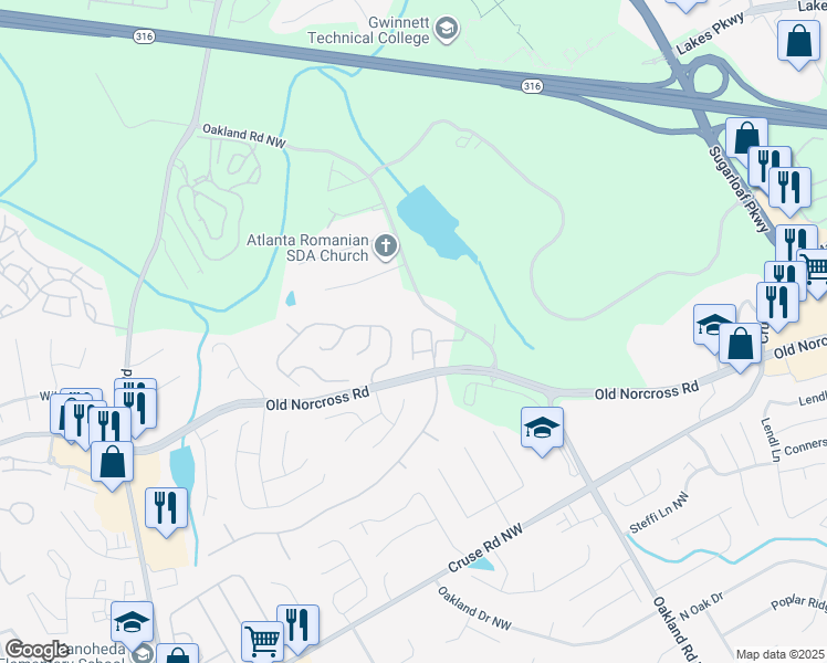 map of restaurants, bars, coffee shops, grocery stores, and more near 2138 Waterford Park Drive in Lawrenceville
