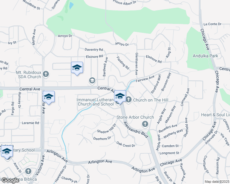 map of restaurants, bars, coffee shops, grocery stores, and more near 2433 Central Avenue in Riverside