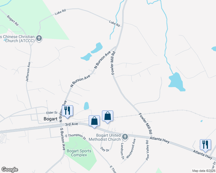 map of restaurants, bars, coffee shops, grocery stores, and more near 227 Fowler Mill Road in Bogart