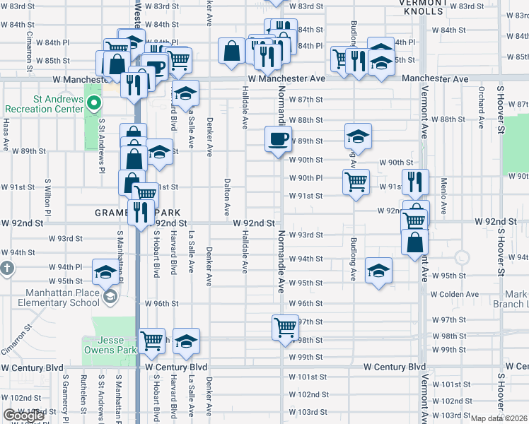 map of restaurants, bars, coffee shops, grocery stores, and more near 1428 West 91st Street in Los Angeles
