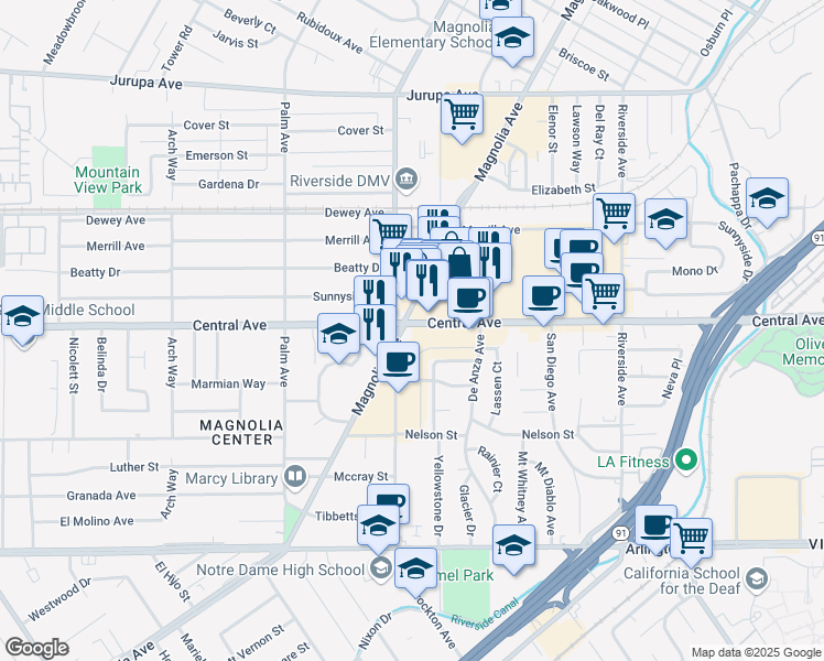 map of restaurants, bars, coffee shops, grocery stores, and more near 6542 Magnolia Avenue in Riverside