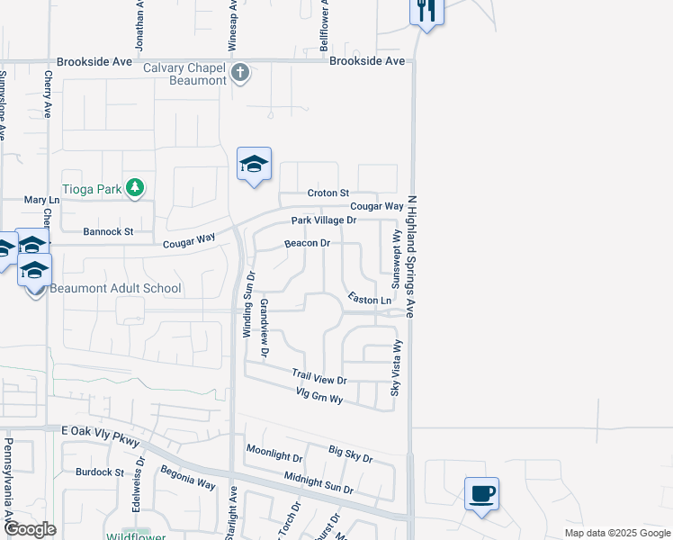 map of restaurants, bars, coffee shops, grocery stores, and more near 1567 Park Haven Drive in Beaumont