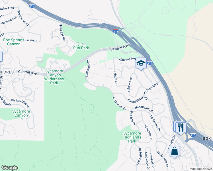 map of restaurants, bars, coffee shops, grocery stores, and more near 20060 West Point Drive in Riverside