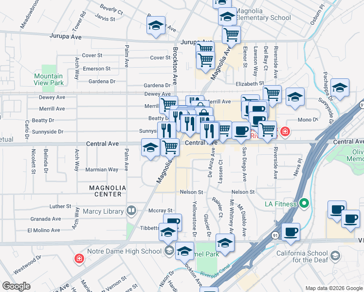 map of restaurants, bars, coffee shops, grocery stores, and more near in Riverside