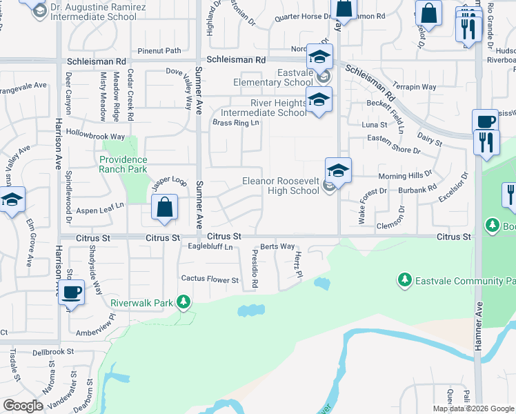 map of restaurants, bars, coffee shops, grocery stores, and more near 7374 Country Fair Drive in Corona