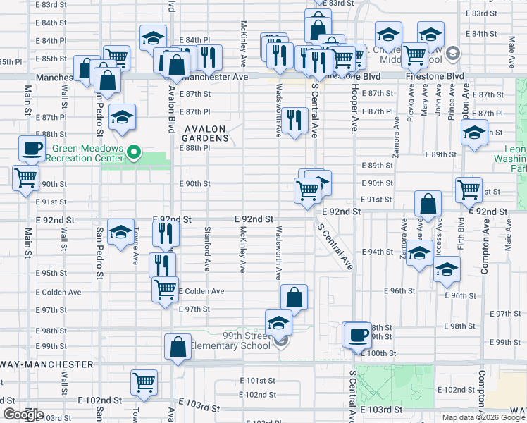 map of restaurants, bars, coffee shops, grocery stores, and more near 823 East 91st Street in Los Angeles
